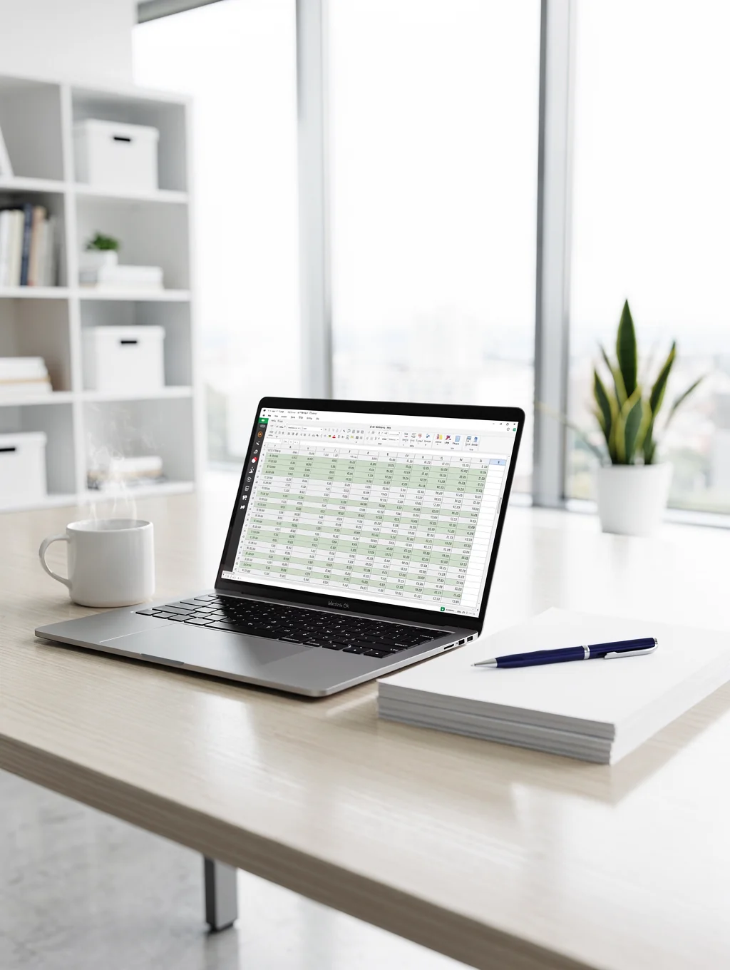 A tidy bookkeeping desk with a laptop, calculator and notepad